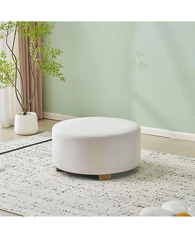 Streamdale Furniture White Fabric Round Ottoman with Wooden Legs, Modern Minimalist Ottoman