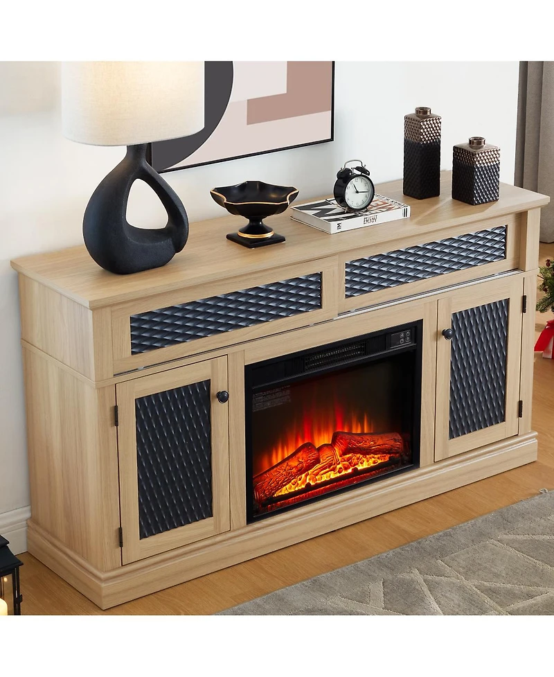 Streamdale Furniture Embossed Pattern Tv Stand with 23" Fireplace, Media Console, Light Oak, 58.27"W