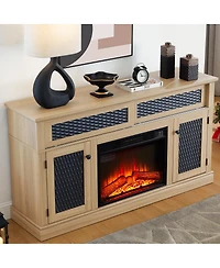 Streamdale Furniture Embossed Pattern Tv Stand with 23" Fireplace, Media Console, Light Oak, 58.27"W