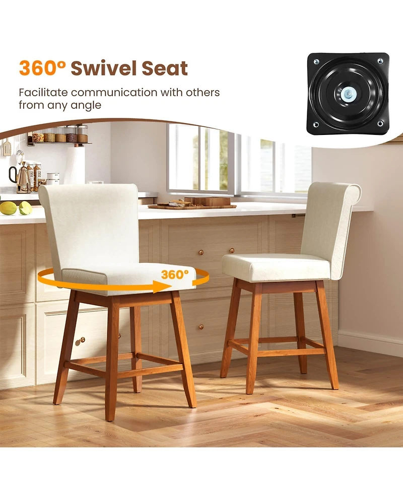 Costway 27" Swivel Bar Stools with Rubber Wood Legs Upholstered Linen Chairs