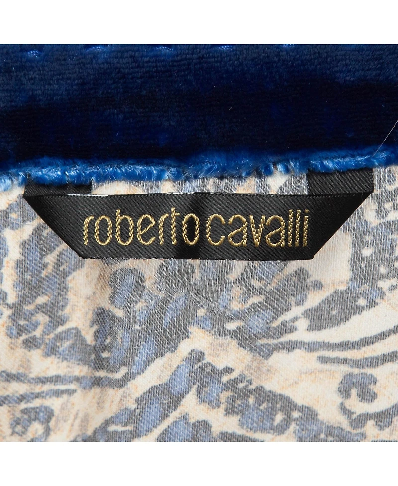 Pre-Owned Roberto Cavalli Women's Blue/brown Printed Velvet Trim Silk Blouse