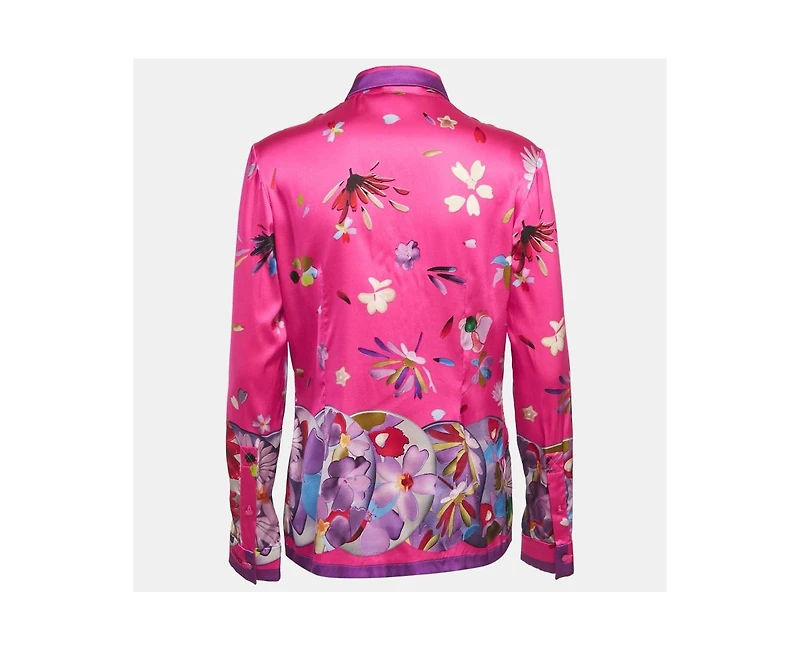 Pre-Owned Versace Women's Pink Floral Print Satin Long Sleeve Shirt