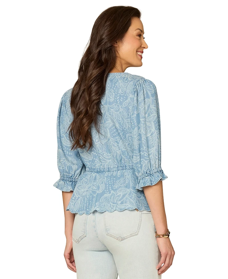 Democracy Petite Below-Elbow Lantern Sleeve V-Neck Top