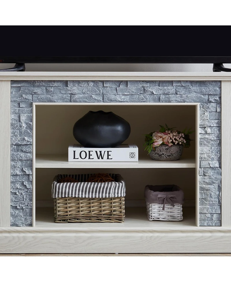 Streamdale Furniture Large Tv Desk Storage Rack with Faux Stacked Stone Surround, White, 70.12"W15.35"D25.83"H