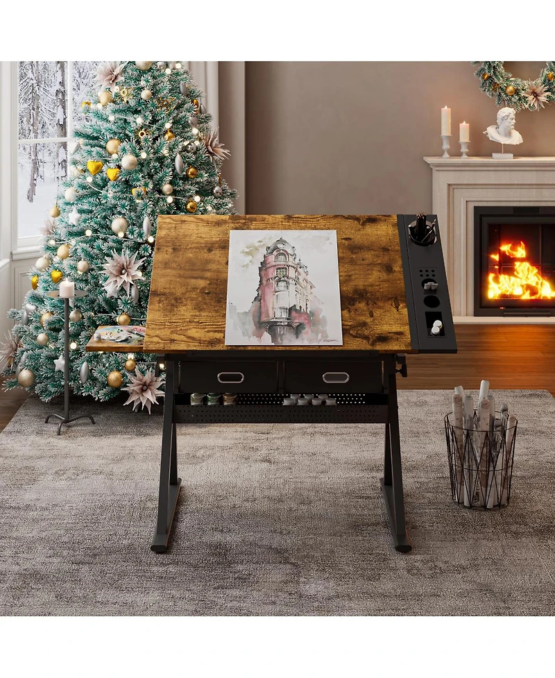 Streamdale Furniture Adjustable Drawing Drafting Table Desk with 2 Drawers & Stool