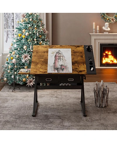 Streamdale Furniture Adjustable Drawing Drafting Table Desk with 2 Drawers & Stool