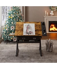 Streamdale Furniture Adjustable Drawing Drafting Table Desk with 2 Drawers & Stool