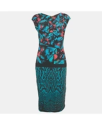 Pre-Owned Roberto Cavalli Women's Blue Printed Jersey Midi Dress
