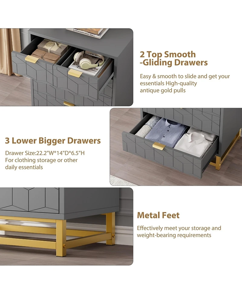 gaomon 5 Drawer Dresser for Bedroom, Modern Storage Chest with Metal Base, Organizer Cabinet for Living Room, Hallway, Closet, Grey