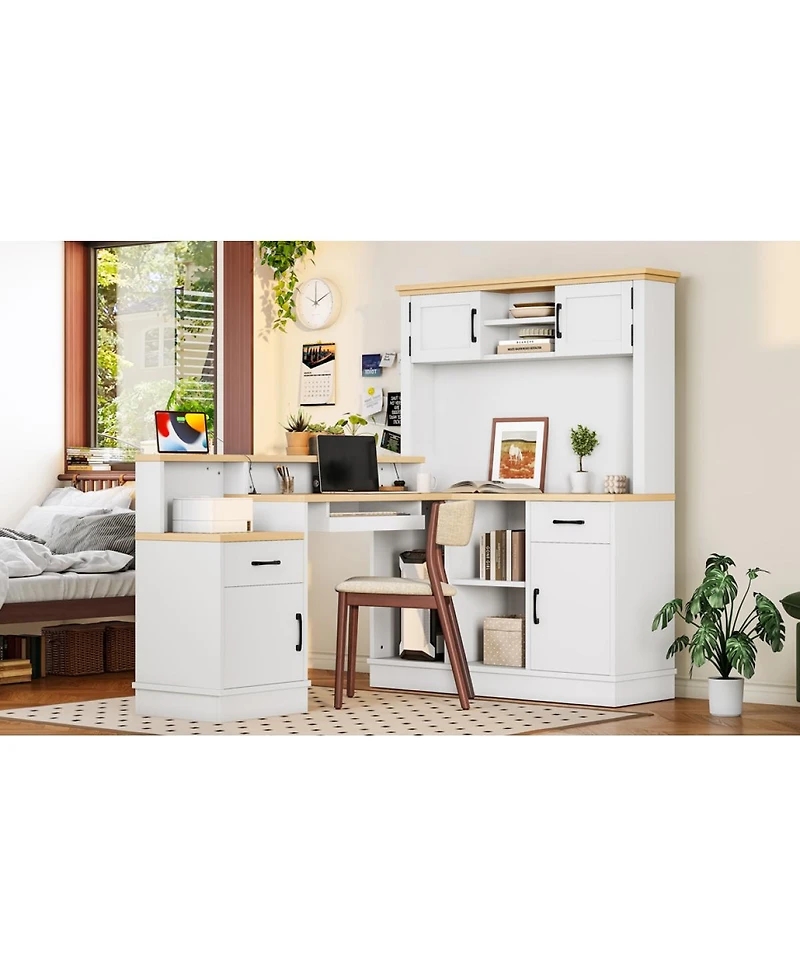 Streamdale Furniture L-Shaped Computer Desk with Outlet, Drawers, Bookshelf, White