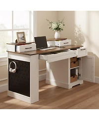 Streamdale Furniture 55" Farmhouse Office Desk with Storage, Barn Door Design, Keyboard Tray, Monitor Stand, White