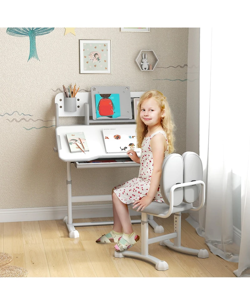 Qaba Height Adjustable Kids Desk and Chair Set w/ Reading Rack,