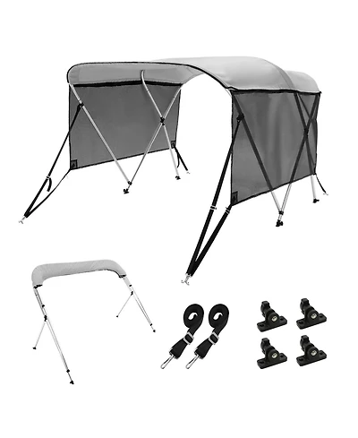 Mecale 3 Bow Bimini Top Boat Cover, 600D Polyester Canopy with Mesh Sidewalls, 1" Aluminum Frame, Storage Boot, Light Grey