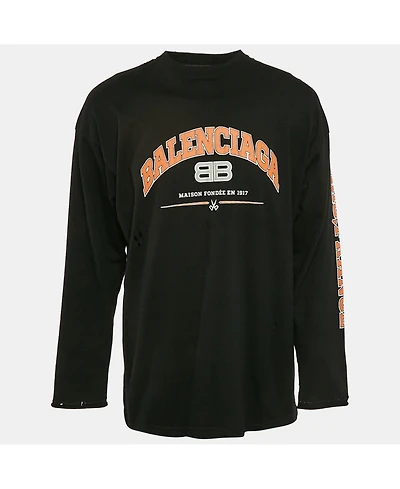 Pre-Owned Balenciaga Men's Black Logo Print Cotton Crew Neck Distressed Sweatshirt