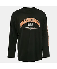 Pre-Owned Balenciaga Men's Black Logo Print Cotton Crew Neck Distressed Sweatshirt