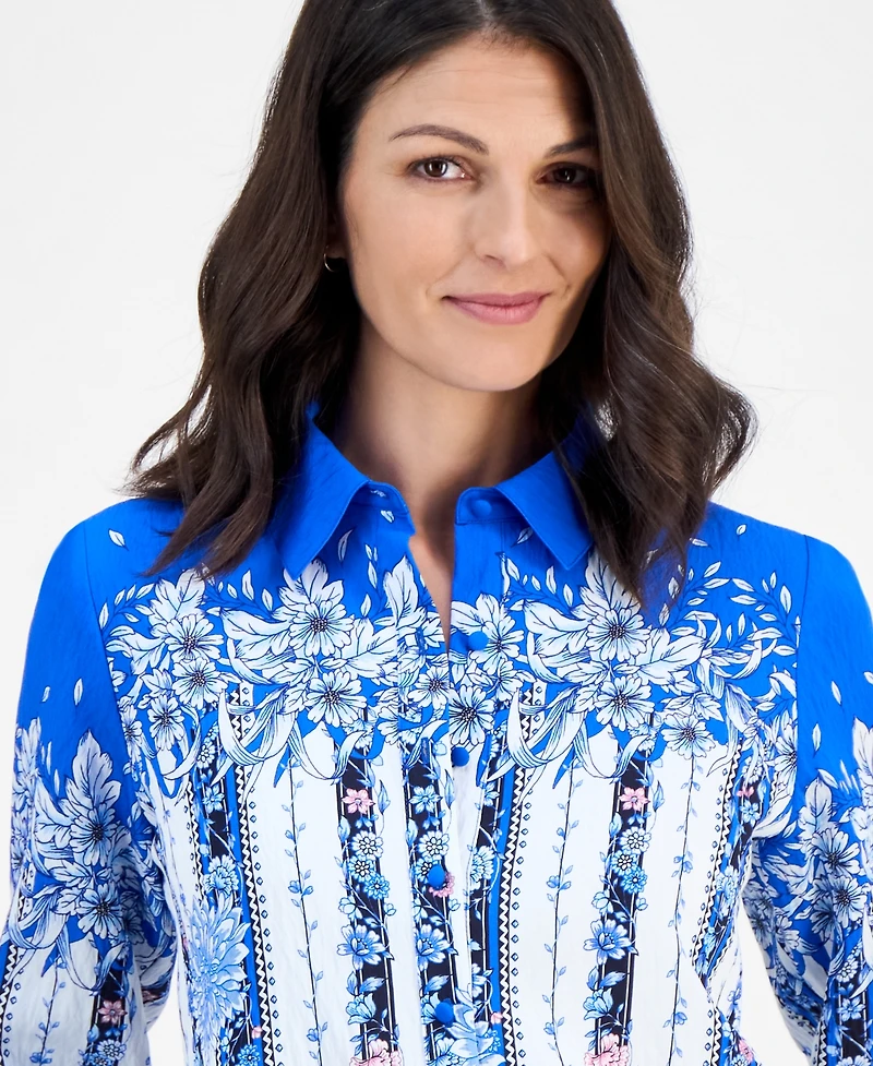 T Tahari Women's Placed-Floral Button-Down Blouse