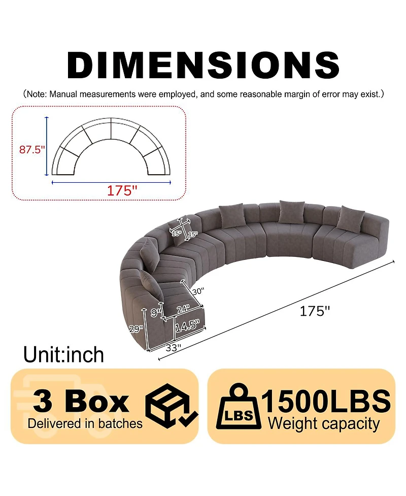 Streamdale Furniture Chenille curved sectional sofa with 6 pillows, semi-circular modular sofa for any room