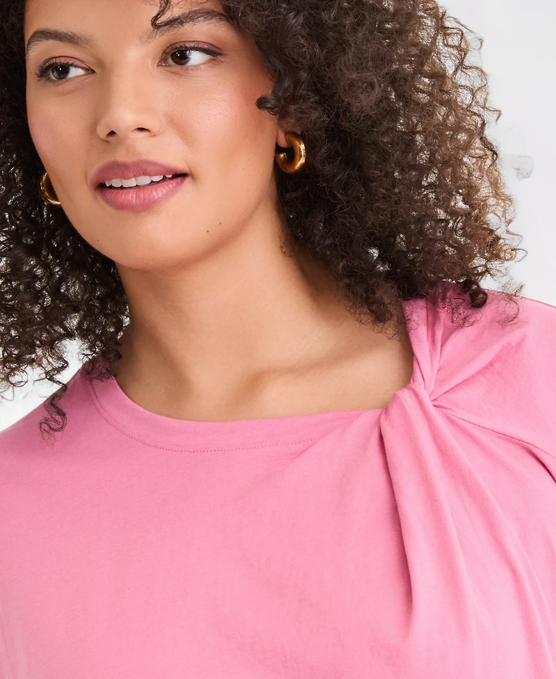 I.n.c. International Concepts Plus Cotton Short-Sleeve Knot Top, Created for Macy's
