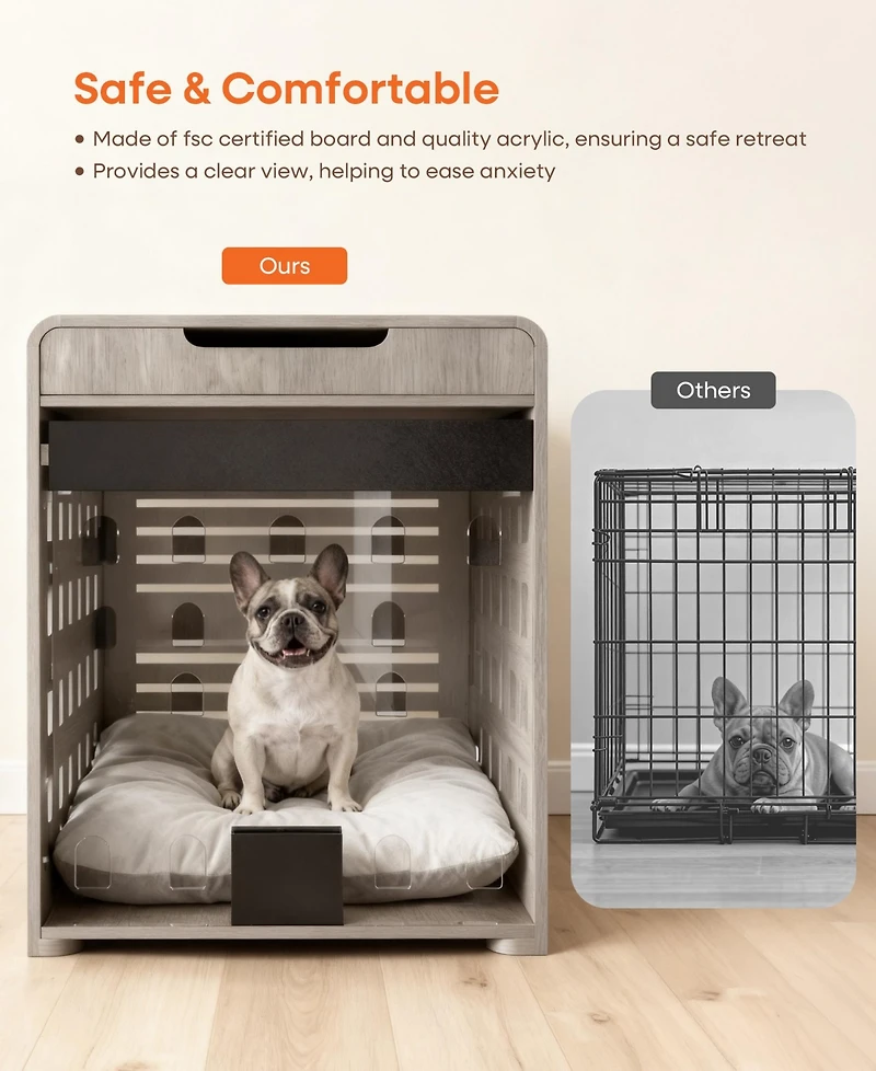 Sugift Dog Crate End Table with Charging Station, Furniture Style Pet Crate Nightstand for Dogs