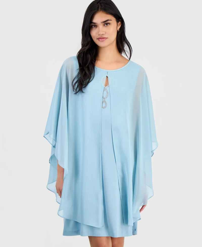 Connected Petite Chiffon-Overlay Cape Dress