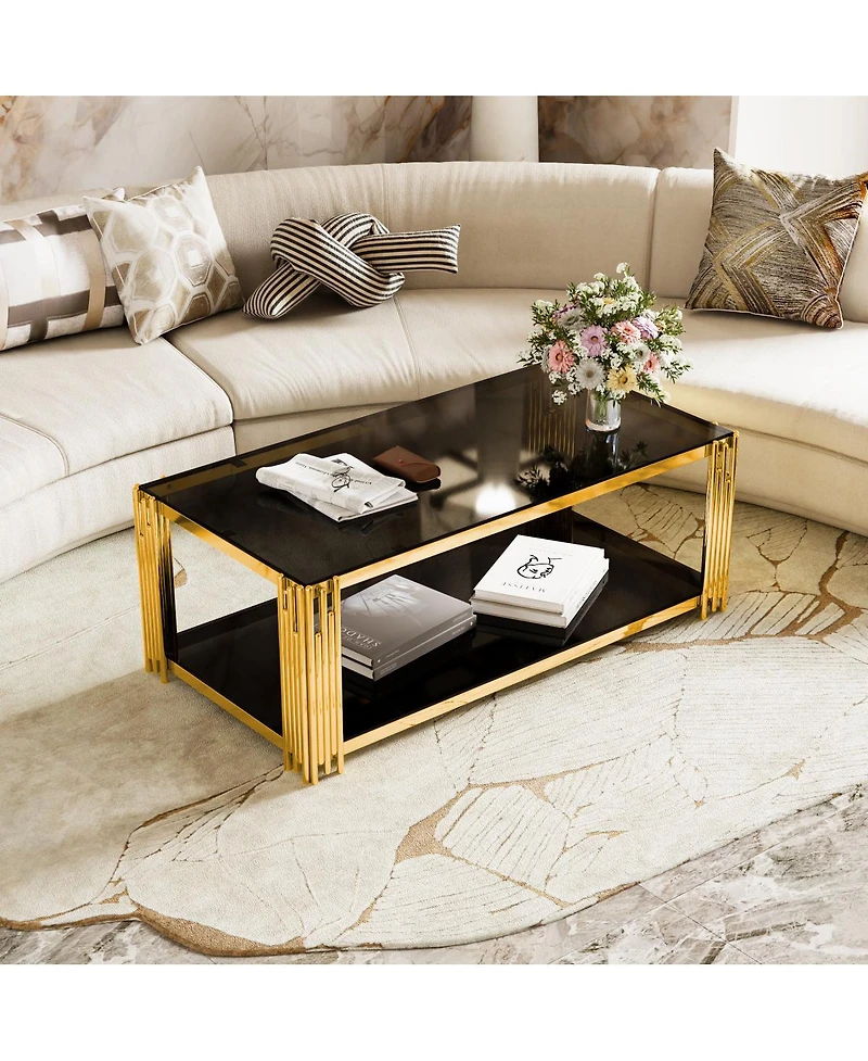 Streamdale Furniture Modern Black Mirror Coffee Table with Gold Finish & Shelf, 47.5