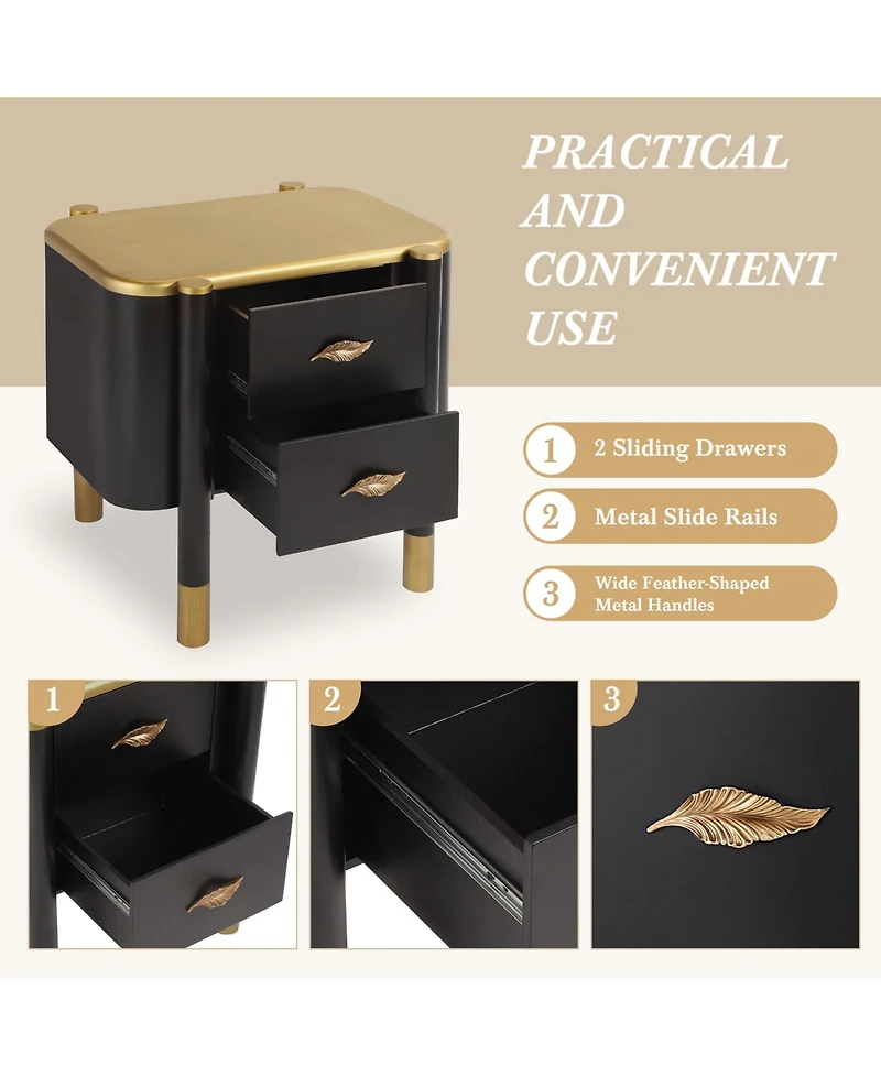 Rainsken 2 Drawers Nightstand with Curved Profile Design, Bedside Table with Metal Feather-Shaped Handles
