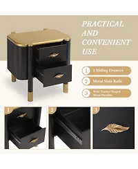 Rainsken 2 Drawers Nightstand with Curved Profile Design, Bedside Table with Metal Feather-Shaped Handles