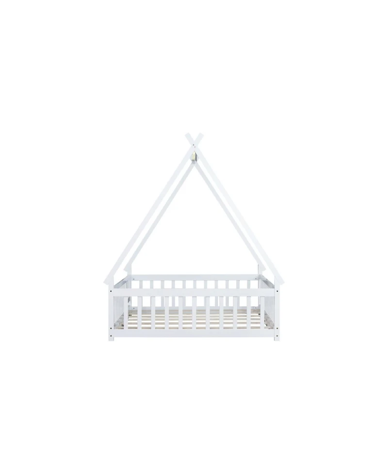 Streamdale Furniture Full Size Rubber Wood Tent-shaped Floor Bed,with Guardrails,Slats and Door