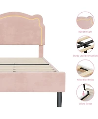 gaomon Twin Bed Frame with Smart Led Lights and Bear-Shapped Upholstered Headboard,Velvet Princess Platform