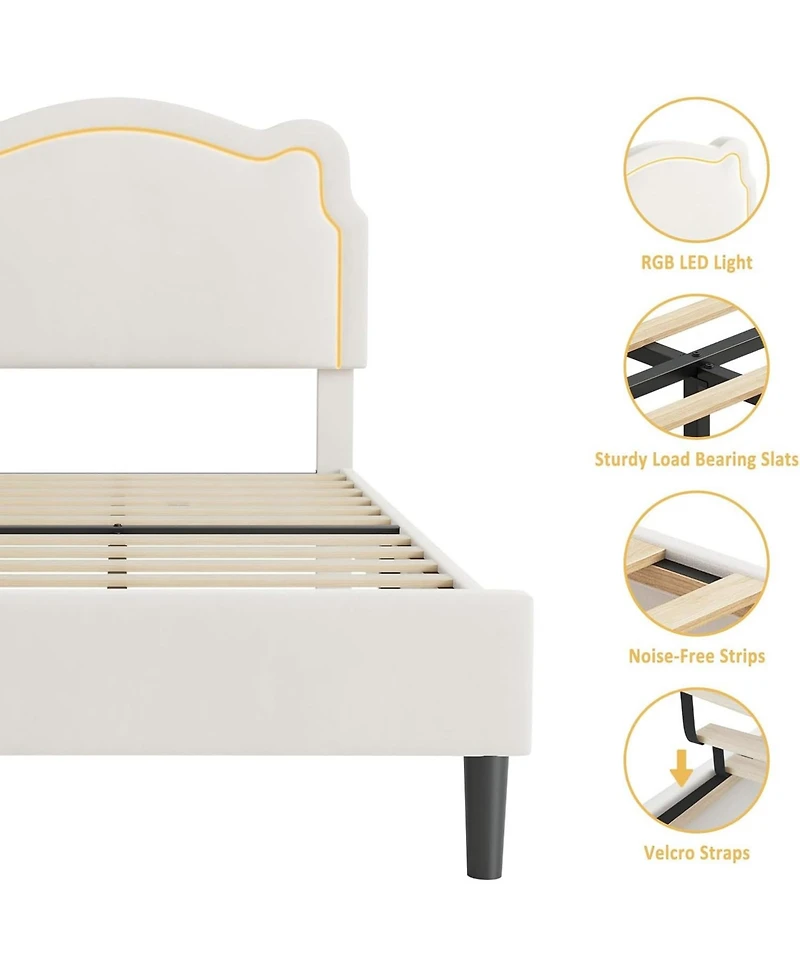 gaomon Twin Bed Frame with Smart Led Lights and Bear-Shapped Upholstered Headboard,Velvet Princess Platform