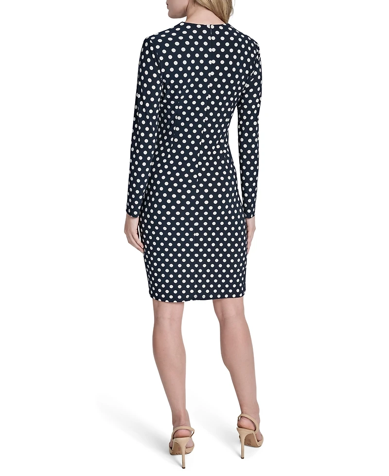 Dkny Women's Long Sleeve Faux Wrap Polka Dot Knee Length Dress