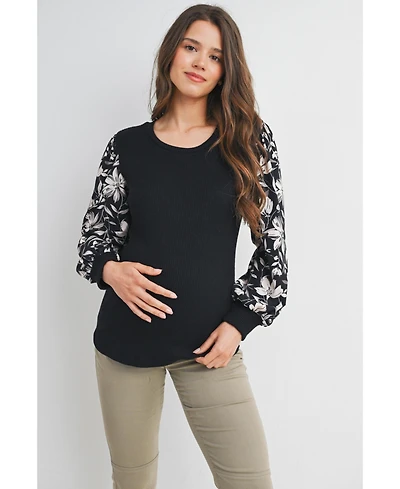 Hello Miz Maternity Ribbed Scoop Neck Floral Puff Sleeve Top