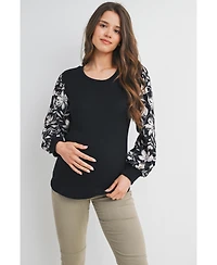 Hello Miz Maternity Ribbed Scoop Neck Floral Puff Sleeve Top