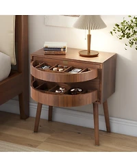 Rainsken Rotating Hidden Compartment Nightstands, Mid Century Rattan Bedside Table with Flip Drawer and Wood Legs for Living Room, Bedroom