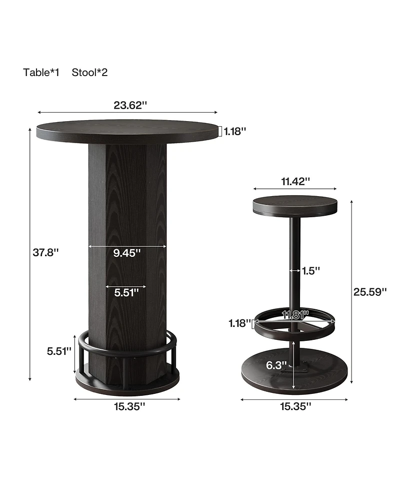 Tribesigns Round Bar Table with 2 Chairs, Industrial Bistro Sets barstools, Pub Cocktail Metal Ring Footrest for Kitchen Nook, Apart