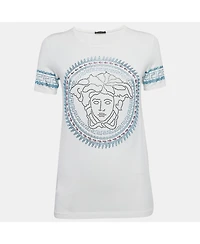 Pre-Owned Versace Women's White Medusa Embellished Jersey T-Shirt