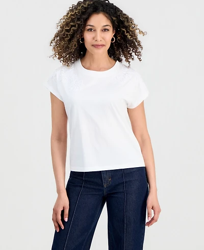 I.n.c. International Concepts Petite Short-Sleeve Lace-Shoulder Tee, Created for Macy's