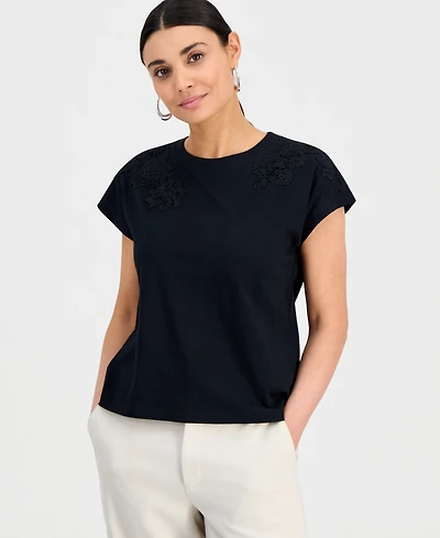 I.n.c. International Concepts Petite Short-Sleeve Lace-Shoulder Tee, Created for Macy's