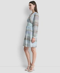 Dkny Women's V-Neck Smocked Waist Fit and Flare Dress