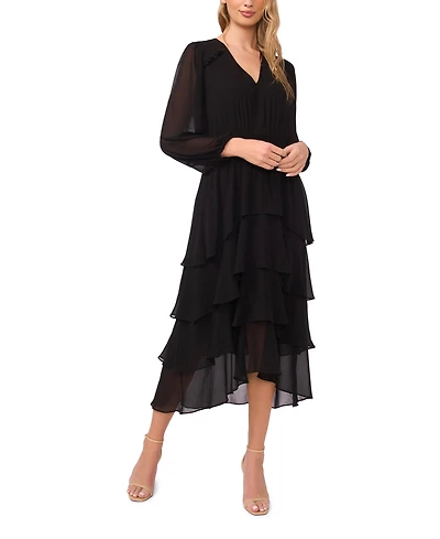 Vince Camuto Women's V-Neck Smocked Waist Tiered Dress