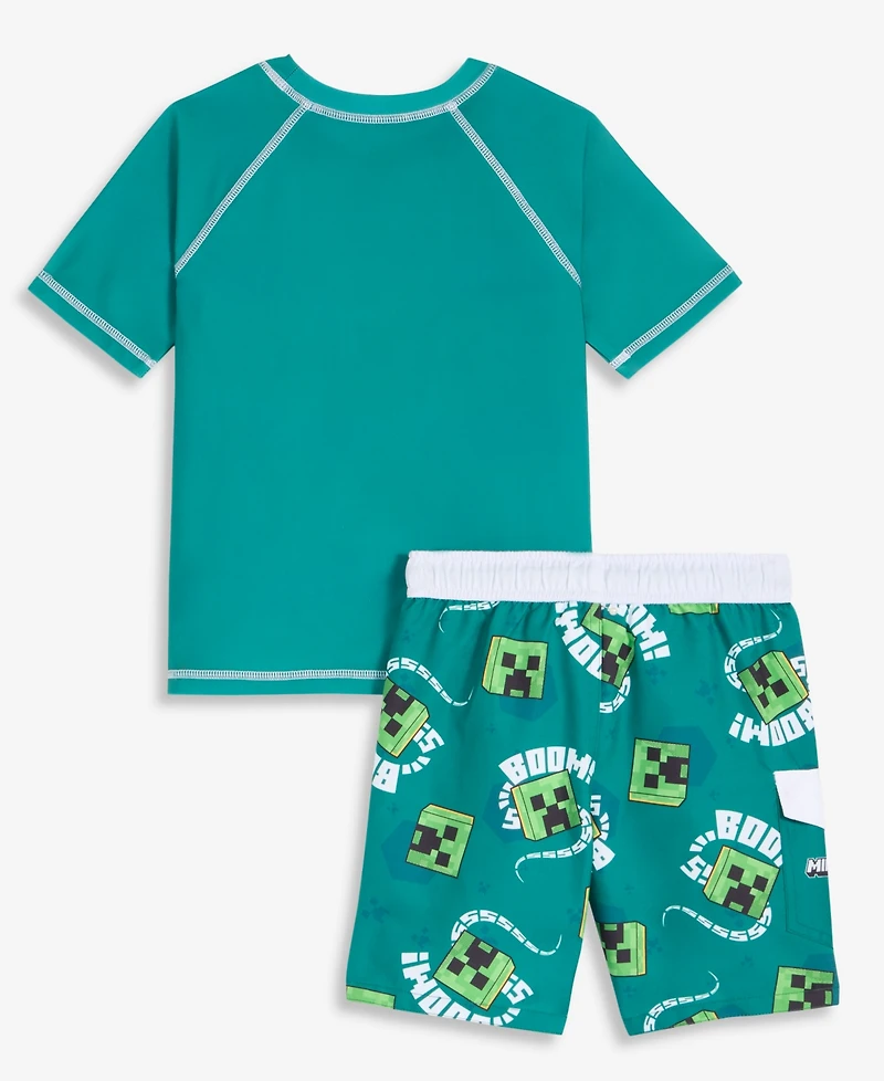 Minecraft Boys' 4-7 Rashguard & Swim Trunks, 2-Piece Set