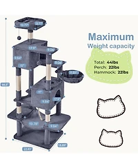 Zeus & Ruta 66in Cat Tree Tower: Large Multi-Cat Climbing, Extended Platform, Hammock, Pet House