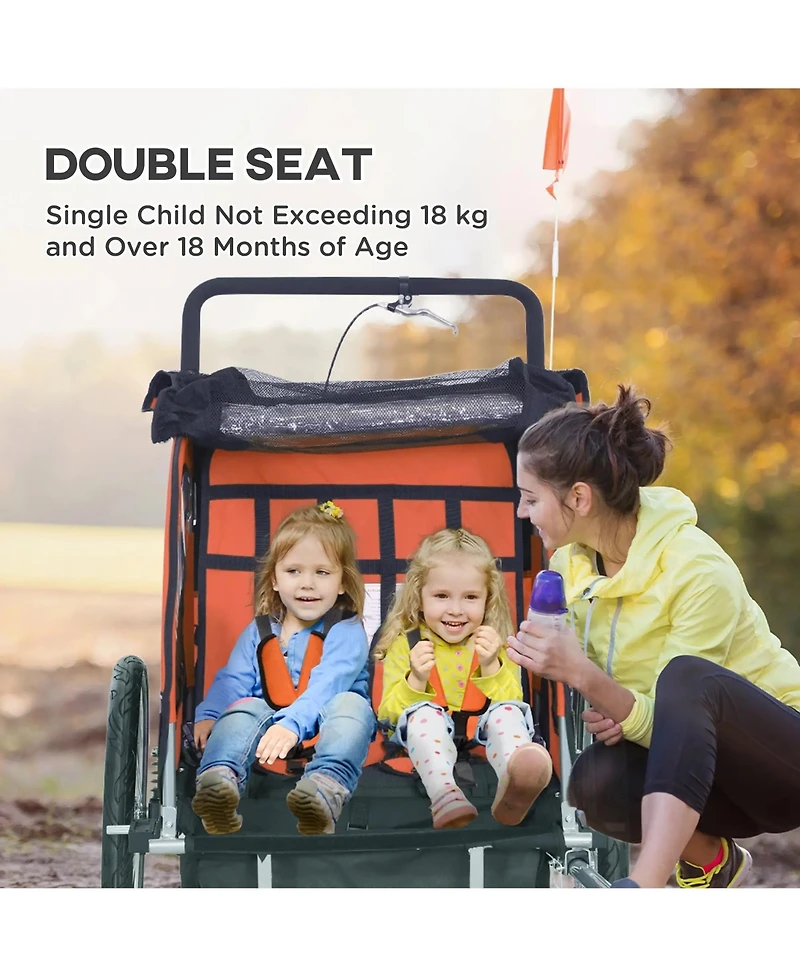 Kids Bicycle Trailer with Suspension and Canopy for Two Children Outdoor Riding