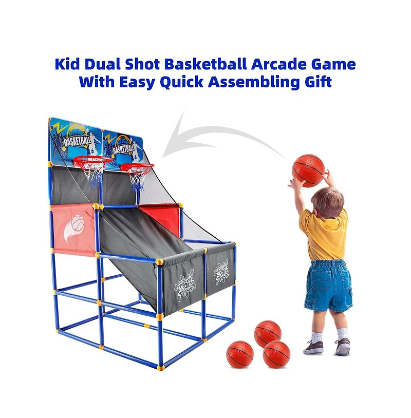 Bruce & Shark Double Hoop Basketball Arcade Game for Kids, Indoor/Outdoor Sports Toy with 4 Balls & Pump