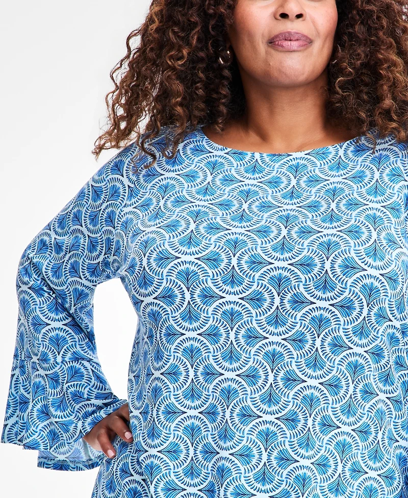 Jm Collection Plus Winding Leaves Flare Sleeve Boat Neck Top