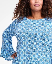 Jm Collection Plus Winding Leaves Flare Sleeve Boat Neck Top