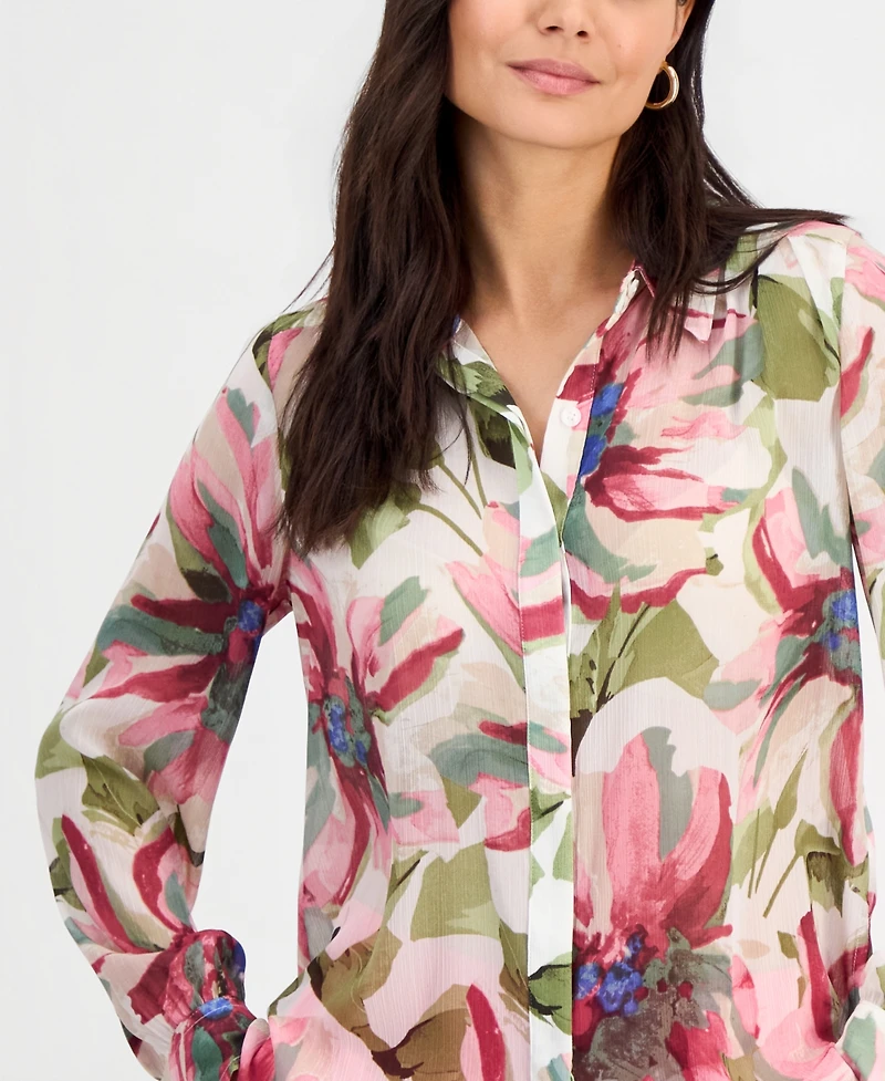 I.n.c. International Concepts Petite Printed Long-Sleeve Blouse, Created for Macy's