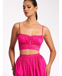 Miss Circle Women's Maya Fuchsia Cotton Poplin Top With Lace Trim