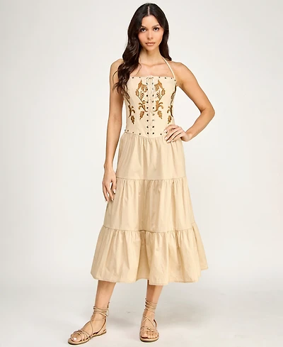 Seni & Cade Juniors' Embroidered Lace Up Halter Neck Corset With Nail Heads Skirt