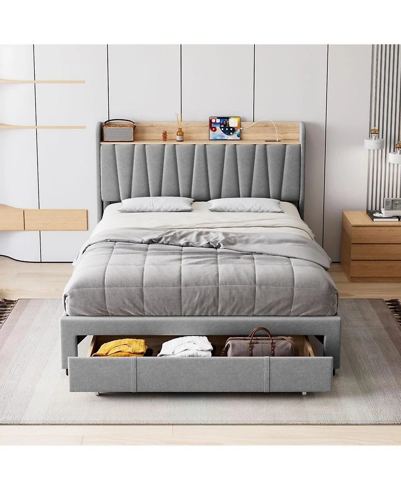gaomon Upholstered Platform Bed Frame with Storage Drawers and Charging Station Headboard, No Box Spring Needed